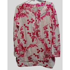 Soft Surroundings Tunic Top Women's S Pink Embroidered on White Pocket Tropical